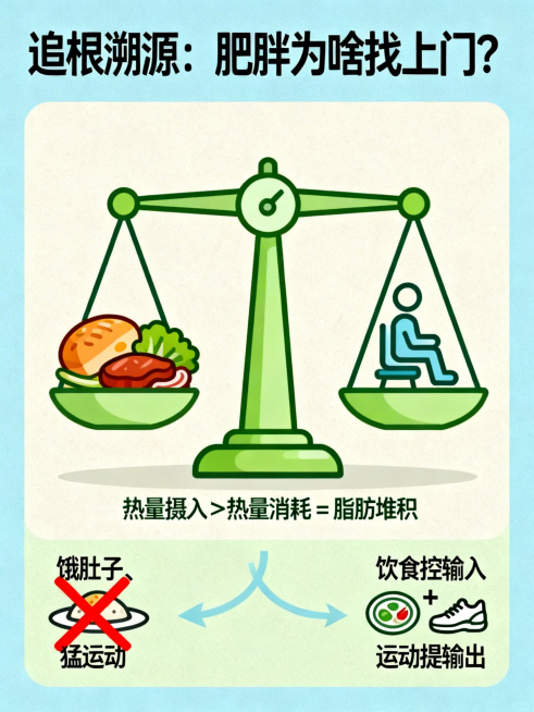 清新科普扁平化插画风格，暖浅绿+浅蓝+米白主色调，卡通图标简洁直观，文字轻量化。竖版画面，浅蓝底色。顶部标题"追根溯源：肥胖为啥找上门？"；中心天平插画标注文字"热量摄入＞热量消耗 = 脂肪堆积"，左预览效果