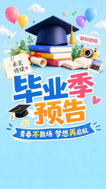 卡通有趣风格毕业季预告海报，整体为9:16竖版，画面顶部为卡通风格毕业场景，包含学士帽、书本、气球等青春元素，画面底部为纯色，所有元素抠图完整，主体清晰。主标题文字"毕业季预告"，副标题文字"青春不散预览效果