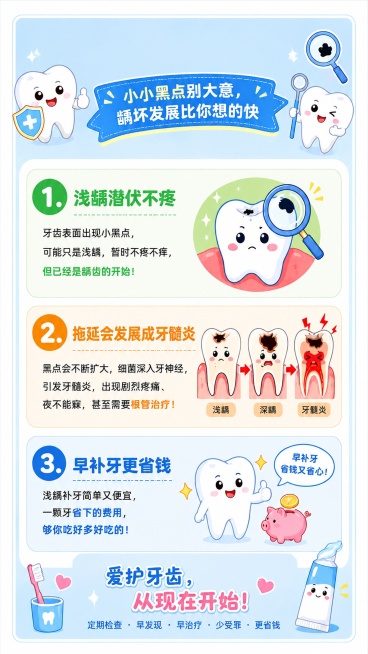 修改图片，移除顶部大标题"牙齿小黑点 不痛也要补"，保留其他所有内容、可爱风格和颜色不变，保留下方三个卖点内容和底部标语，重新排版让整体版式协调，文字仍然清晰可读预览效果
