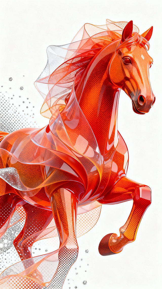 未来感与科技感交织的3D虚拟骏马，以玻璃风与液态风呈现清透质感，红色半透明材质营造梦幻氛围，流动线条强化体积感，背景点缀数字光斑，尽显前卫美学。