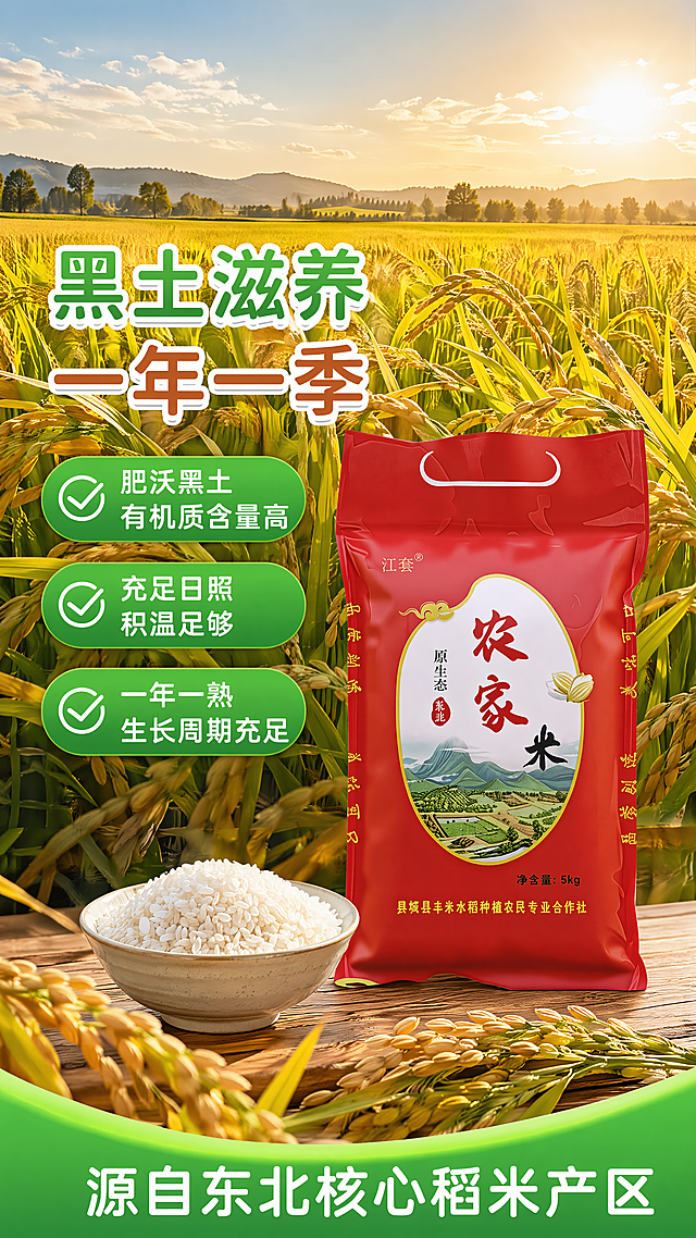[第2屏] 产地优势展示，本屏使用【图1】做产品主体。原生态东北黑土地金秋稻田实景背景，风吹稻浪阳光下，包装放中下部占35%画面，左侧文字区写标题“黑土滋养 一年一季”，下方三点优势：肥沃黑土有机质含量高、充足日照积温足够、一年一熟生长周期充足。底部绿条写“源自东北核心稻米产区”白字。保持包装原样，字体沿用首屏风格。9:16竖版，4K。负向：包装变形、文字错乱、虚假描述