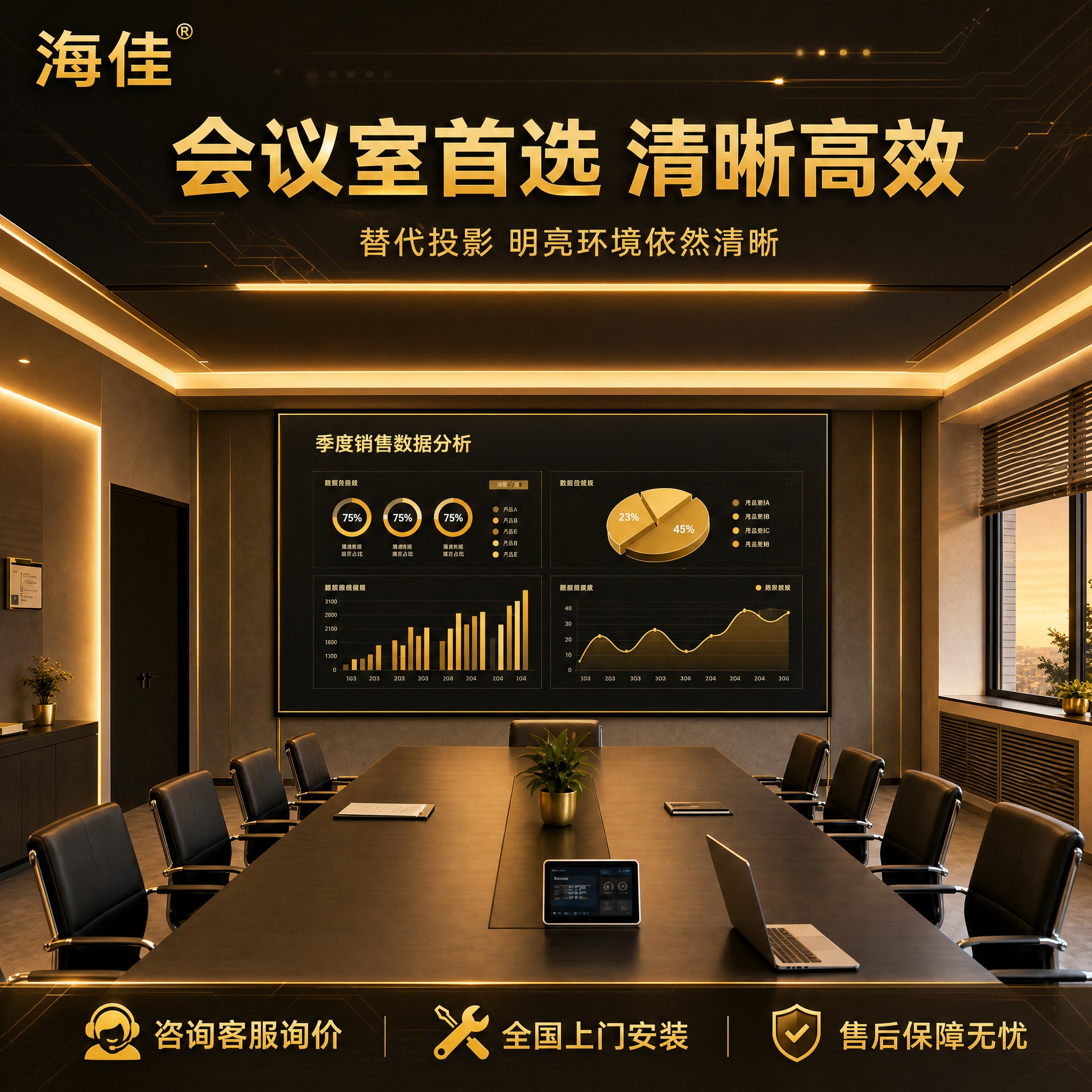 将这张海佳会议室LED显示屏主图改为金色科技风。整体色调改为金… - 图片创意预览
