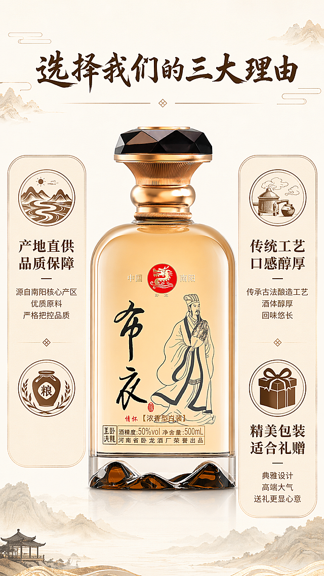 [第7屏] 卖点拆解-三点式核心优势分栏展示。本屏使用【图1】作为产品主体居中展示。  
[氛围/风格] 清晰信息版式，简约国风排版，干净透气。
[元素布局] 产品居中放置，占比约50%，保留瓶身外观结构颜色与原图一致；产品左右分三栏展示三个核心卖点，每栏搭配一个简约国风图标；背景留白透气，突出信息。
[光影质感] 均匀柔和光照，产品清晰明亮，文字清晰不发虚。
[配色色系] 全局底色 #fbf9f4；主色为产品琥珀金，辅助色为浅米色分栏底，深棕色文字和图标。
[视角构图] 中心产品左右分栏构图，阅读从上到下，产品为中心，卖点环绕。
[文字版式] 顶部标题「选择我们的三大理由」，三个卖点分别为「产地直供 品质保障」「传统工艺 口感醇厚」「精美包装 适合礼赠」，字体延续书法标题+宋体正文，每个卖点配图标，文字清晰不拥挤。
[比例分辨率] 9:16竖版比例，4K分辨率，文字清晰可辨，高清画质。
[负向提示词] 产品变形，瓶身文字错乱，文字错乱，文字过小，水印，颜色偏差