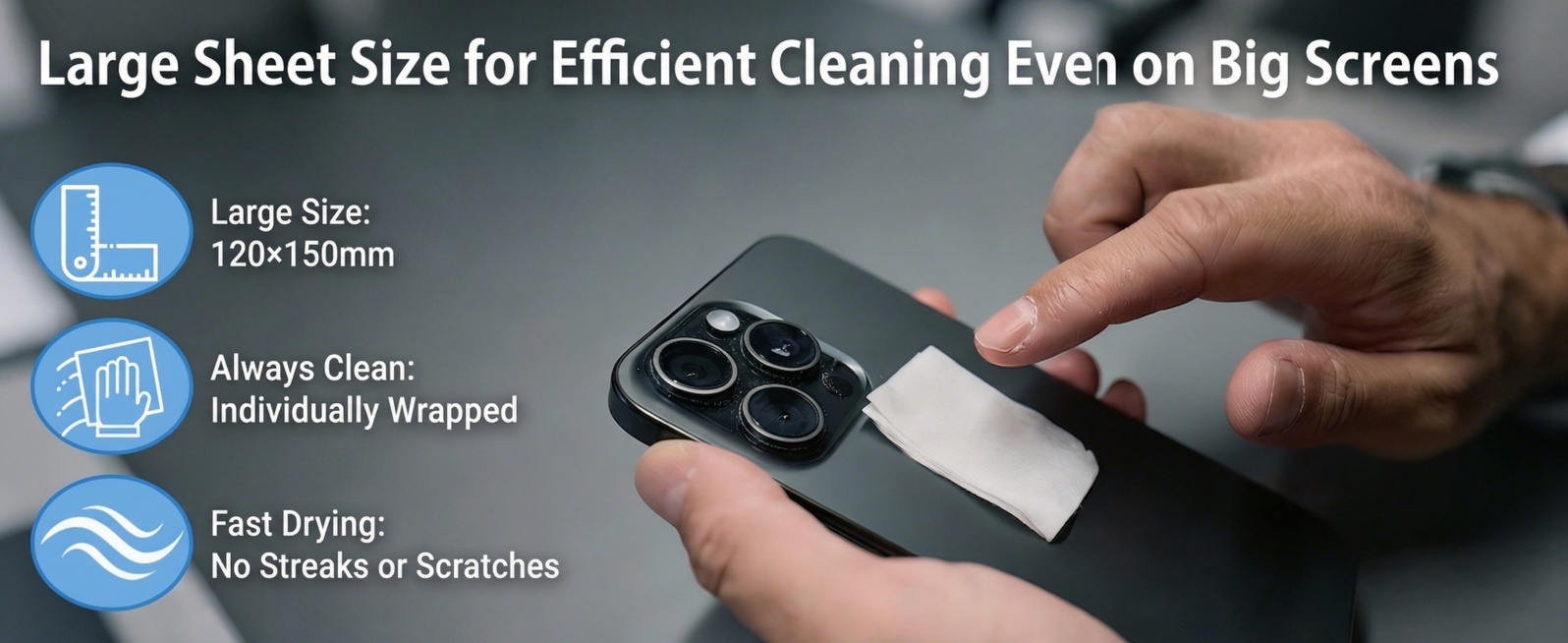将图中的日语全部替换为英文：大标题“Large Sheet Size for Efficient Cleaning Even on Big Screens”。三个卖点依次替换为：“Large Size预览效果