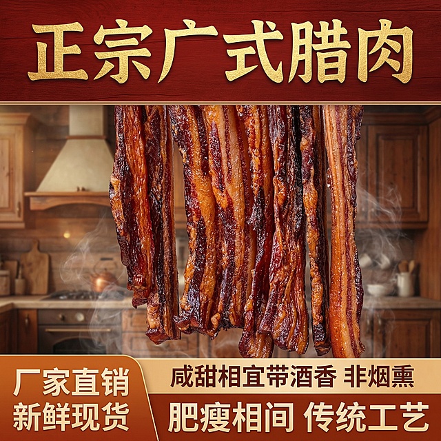 这张图片是产品主体这款产品是广式加瘦腊肉 我需要设计20张主图在拼多多上面售卖    主图场景布局可以用厨房 炒腊肉 腊肉细节等设计一个高级有食欲一些主图文案内容 正宗广式腊肉 厂家直销 新鲜现货 咸甜相宜带酒香  腊味煲仔饭 小炒 蒸饭 外卖 非烟熏 广式去皮腊肉 糖酒风味 食堂餐厅批发  肥瘦相间 传统工艺 正规新鲜  嚼有回香 口感爽脆