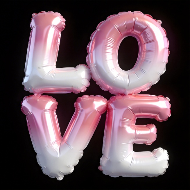 粉色到白色渐变的标题“LOVE”，立体膨胀充气气球材质的立体字，光滑反光纹理，字体转角处带有少量很小且细腻精致的褶皱，光影自然，纯黑色背景预览效果
