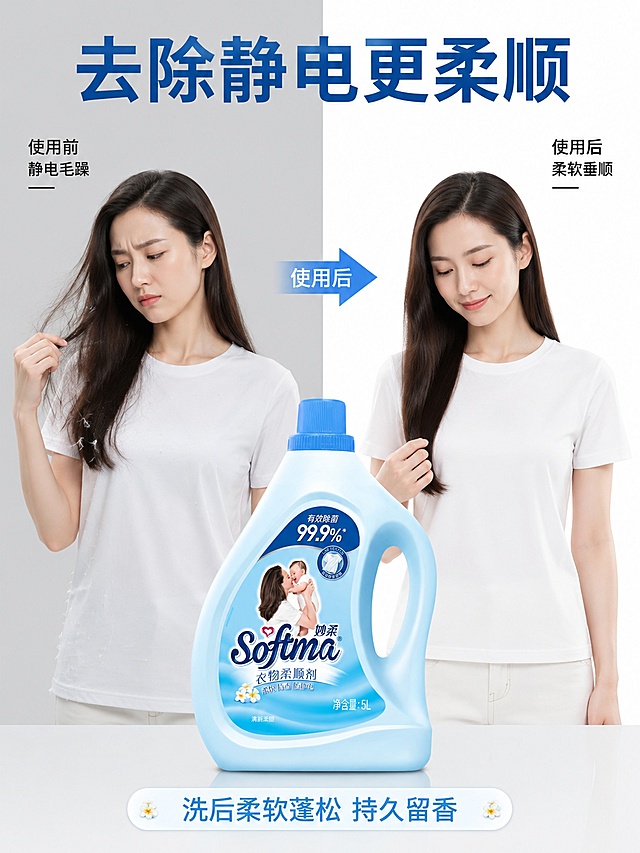 [主图-2] 家家宜妙柔柔顺剂核心功效效果展示。
[氛围风格] 干净专业对比风，清晰直观说服力，电商爆款风格
[画质] 商业摄影质感，光线柔和通透，产品清晰真实，画面干净高级
[元素] 左侧展示使用前带静电的贴身衣物，杂乱毛躁吸附在身上；右侧展示使用柔顺剂后的衣物，垂顺蓬松自然舒展；5kg柔顺剂产品放在画面中部下方，保持瓶外观（物理结构、材质质感、颜色）与输入产品图绝对一致，杜绝任何变形和色差。左右分栏对比直观，中间用箭头标注使用前后变化。商品主体突出，不被文字遮挡。
[光影] 均匀棚拍柔光，左右对比区域光线一致，明暗均匀，没有阴影偏色，清晰展示衣物质感差异。
[配色] 左栏浅灰底，右栏纯净白底，主色沿用产品浅蓝，对比清晰不刺眼。
[视角构图] 水平左右分栏构图，平视视角，产品在下方居中，整体构图平衡稳定。
[文字版式] 顶部大标题「去除静电更柔顺」蓝色粗体大字。左侧标注「使用前 静电毛躁」，右侧标注「使用后 柔软垂顺」，黑色小字放在栏顶。产品下方补充短句「洗后柔软蓬松 持久留香」，白色半透明底蓝色文字。
[输出要求] 3:4比例，文字清晰可辨，超高清商业摄影质感
[负向提示词] 变形，文字错乱，产品模糊，背景杂乱，水印，电商平台Logo，绝对化违规词