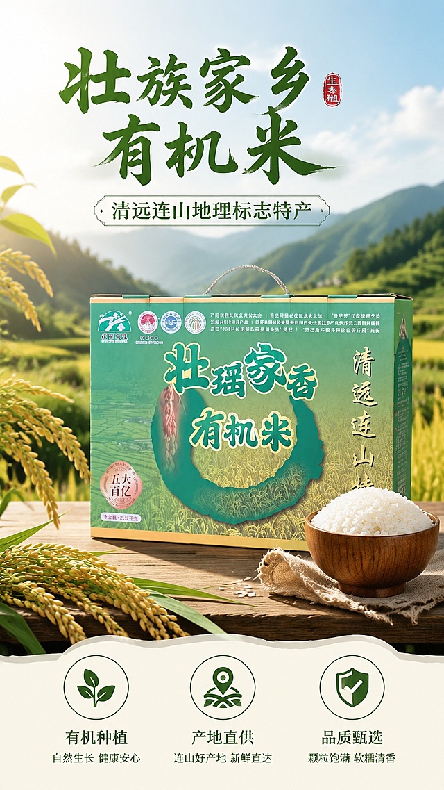 [第1屏] 详情页头图-壮族有机米宣传海报，本屏使用【图1】作为商品主体。
[氛围/风格] 自然原生态风格，清新绿色调，商业农产品摄影质感，凸显有机米天然健康。
[元素布局] 商品礼盒置于画面中下偏右位置，占比约65%；左上预留标题区域，背景搭配远山稻田实景，前景添加成熟稻穗作为装饰，礼盒包装结构、颜色与输入产品图保持一致。画面包含标题区、产品主体、场景背景、装饰稻穗四层元素。
[光影质感] 自然光从左侧照射，产品主体光影层次分明，背景虚化柔和，整体明亮通透，凸显产品真实质感。
[配色色系] 全局底色 #F5F8F0，主色自然绿色，辅助色稻穗金黄色、深色标题文字，与原图包装色调保持一致。
[视角构图] 正面平视视角，产品为视觉中心，阅读动线从上到下：标题→产品→背景场景。
[文字版式] 版式为顶部标题+中部产品+底部卖点。主标题「壮族家乡有机米」，副标题「清远连山地理标志特产」，标题采用书法风格字体与原包装统一；下方排列三个核心卖点图标：「有机种植」「产地直供」「品质甄選」，文字清晰不遮挡产品主体，文字字号适配手机阅读。
[比例分辨率] 9:16 竖版比例，4K 分辨率，文字清晰可辨，高清画质。
[负向提示词] 产品变形，包装文字错乱，颜色偏差，水印，文字过小，文字错乱，背景杂乱，极限词。