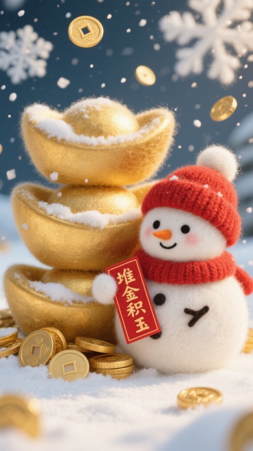 可爱冬日场景，两个巨大的毛绒白金色元宝堆成雪人，元宝绒毛细腻逼真，白金色泽柔和，雪人戴着红色针织帽，针织纹理清晰，手里拿着写有“堆金积玉”的小红牌，字迹工整可爱，金色硬币形状的雪花纷纷从天而降，画面色预览效果