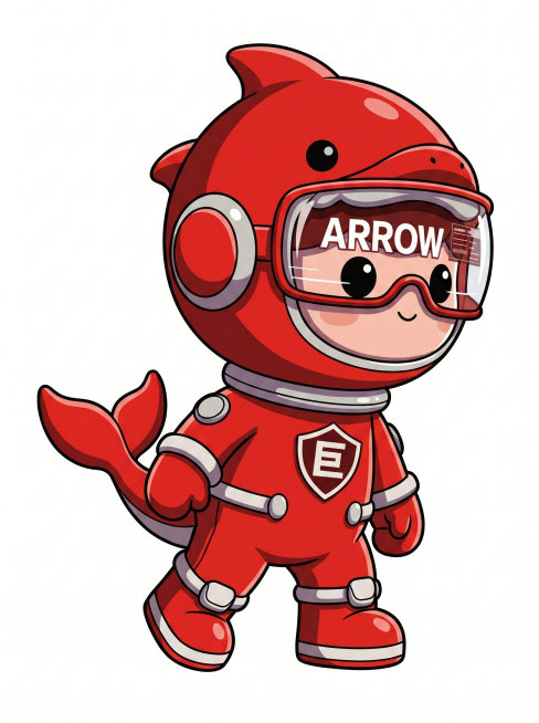 参考图片中的巨巨侠IP形象，红色鲨鱼造型太空服，ARROW visor，盾牌E标志，生成向右探头动作，完整显示整个身体到脚部，白色背景，保持一致的二维插画风格预览效果