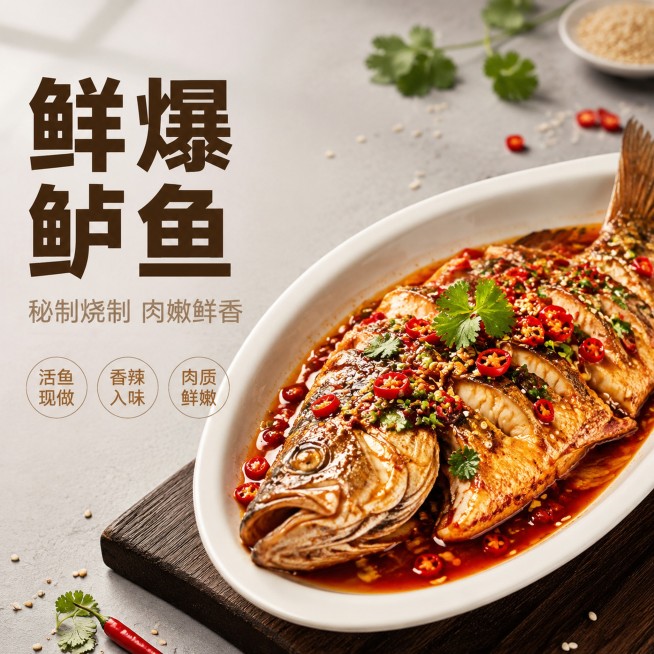 [单张主图] 鲜爆鲈鱼 高级氛围感主图 展示烧制好的熟制鲈鱼 主打食欲感与新鲜度
[画面主体] 烧制完成的熟鲜爆鲈鱼居中展示，鱼肉纹理清晰，表面裹着鲜亮红油酱汁，鱼肉饱满油亮，色泽红亮诱人，已经完全熟预览效果
