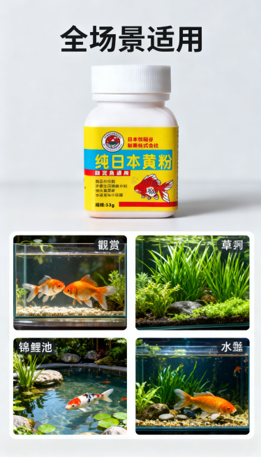 [主图5 适用场景] 四宫格拼图展示多适用场景：分别展示金鱼缸、草缸、锦鲤池、水族箱四个场景，每个场景小图角落标注场景名称，顶部放置完整产品主体，主标题 "全场景适用"，背景为简约浅灰，商务干净风格，预览效果