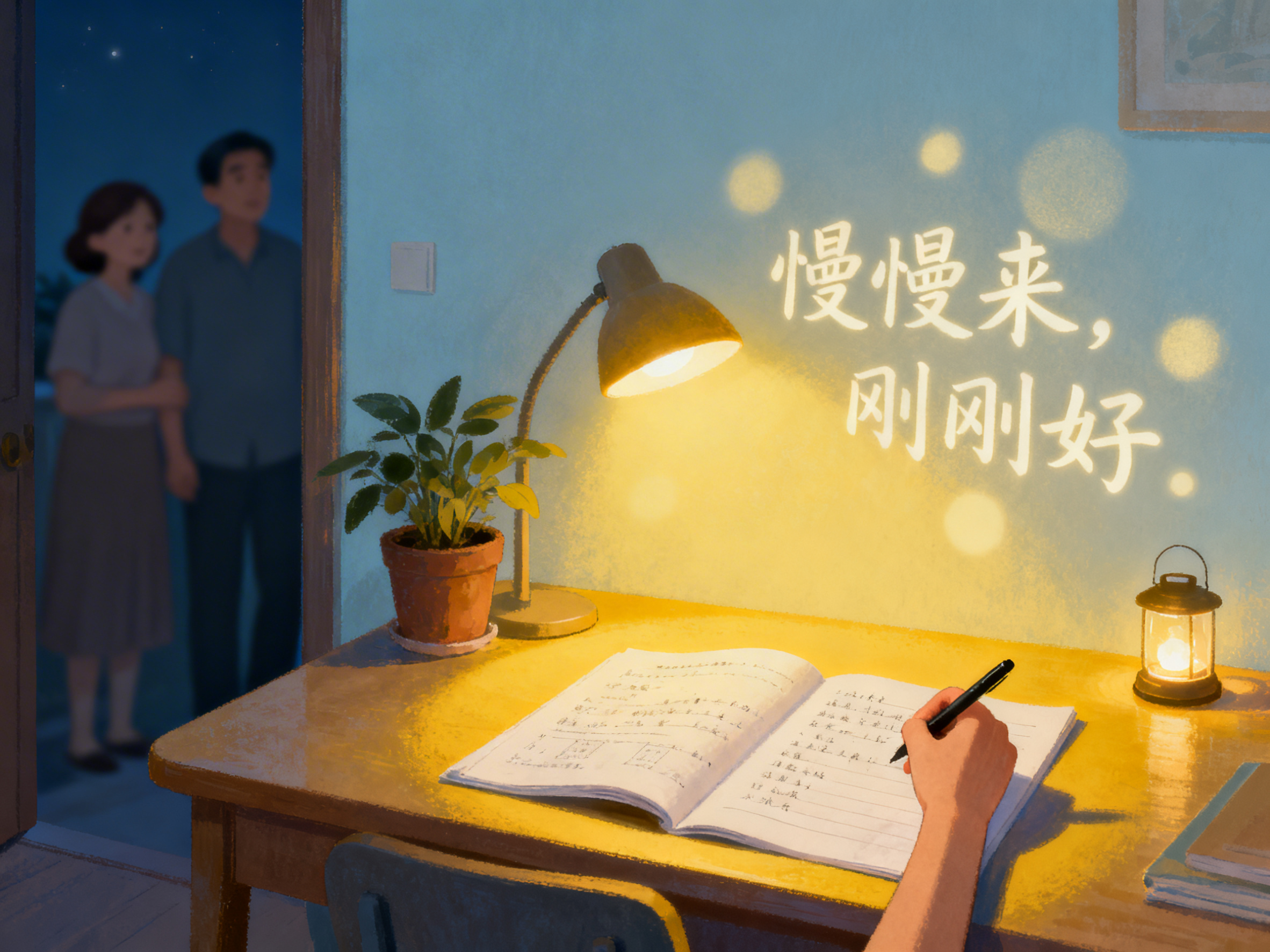 治愈系插画，深夜书桌场景，暖黄色台灯光晕笼罩着摊开的作业本和握… - 图片创意预览