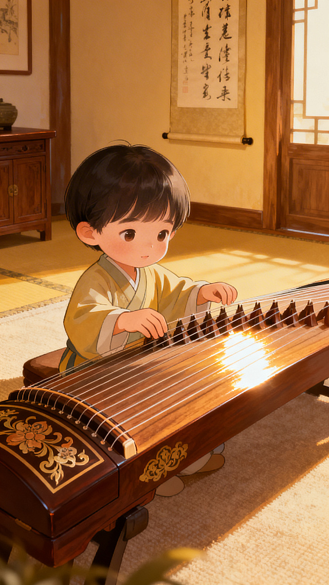 一个可爱的孩子，端正地坐在古筝前，手指轻拨琴弦，神情专注投入，古典雅致的房间背景，暖黄色柔和光线