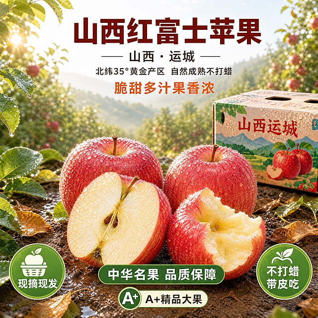 [主图-2] 山西红富士苹果·清晨露水果园 京东电商主图，唯一任务：突出清晨果园清新氛围与苹果带露水的新鲜度，强化脆甜多汁的口感联想。
[统一基调] 京东品质稳重风，文字占比<30%，一图一重点；整体清新自然晨光果园风，主标题字色为深红褐色粗黑体，辅助字为深棕色，强调色为暖橙色与绿色，图标为绿色圆形白底样式，字体统一为厚重黑体，字号层级分明，与主图1视觉统一。
[画面] 800×800像素，1:1正方形。背景为山西运城苹果果园实景，清晨时分露水未干，树叶和苹果上挂满晶莹露珠，清新晨光从东方斜照，整个果园笼罩在清新自然氛围中，远景果树林与山峦虚化处理，空气通透有薄雾感。中央偏下位置摆放4个山西运城红富士苹果，错落有致：2个完整苹果、1个纵向切开的苹果（对半切，露出完整果核与黄白色果肉）、1个掰开的苹果（手工掰开的不规则断面，果肉纤维清晰，显脆嫩质感）。果皮鲜红色带条纹状红晕，果面光滑，色泽鲜亮，表面密布晶莹剔透的小水珠，果形端正。苹果后方右后侧放置一个与商品图一致的“山西运城”苹果包装箱，箱体为米黄色底，印有红色“山西运城”字样、红苹果图案与山景田园插画，箱子角度自然，表面带轻微晨露质感。清新晨光从侧上方照亮，45度俯拍视角，苹果放置在湿润的泥土地面上，周围散落几片带露珠的绿色苹果叶与少量枯黄落叶，地面有湿润反光，真实自然。
[光影质感] 商业食品摄影质感，清晨柔和侧逆光，光线通透清新，苹果表面露珠有高光点，果肉呈现鲜嫩黄白色与水润光泽，地面有柔和长阴影，整体光影柔和层次丰富，充满清晨果园的清新湿润感。
[配色] 主色：苹果鲜红、叶绿、泥土棕黄；背景：果园嫩绿+晨光暖金+薄雾白；文字：深红褐色主标题、深棕色辅助文案、暖橙色强调、绿色标签；整体清新明亮有食欲。
[文字版式] 文案自上而下居中排列，放在画面上方负空间，不遮挡苹果主体。顶部最大加粗字“山西红富士苹果”（深红褐色粗黑体，字号最大）；其下方小字“山西·运城”（深棕色，两侧带短横线装饰）；其下方“北纬35°黄金产区 自然成熟不打蜡”（深棕色细黑体，字号缩小50%以上）；其下方“脆甜多汁果香浓”（暖橙色，中等字号）。苹果左下角绿色圆形标签，内有白色图标+“现摘现发”白字；苹果右下角绿色圆形标签，内有白色图标+“不打蜡带皮吃”白字；苹果主体区域中部偏下有一条绿色横条，白字展示八个字卖点“中华名果 品质保障”；苹果正下方有绿色圆形A+标识，旁注“A+精品大果”。所有文字清晰可读，不挤压主体。
[输出要求] 8K高清，800×800像素，1:1比例，苹果与箱子外观严格与商品图一致，露珠晶莹真实，果肉鲜嫩有食欲，光影自然真实，文字清晰无错字；禁止变形、模糊、杂乱、水印、京东Logo、平台标识、绝对化用语。