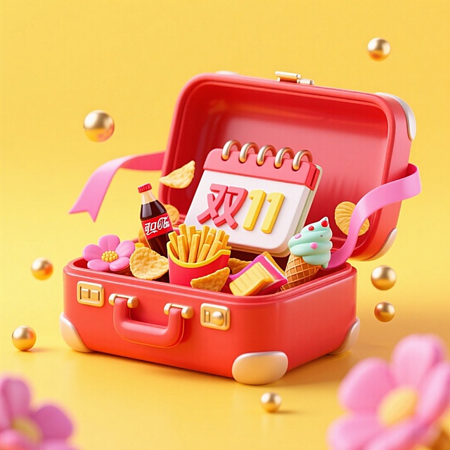 一个打开的红色大手提箱，箱内有一个醒目的“双11” 日历牌，日历牌旁许多商品（薯条、薯片、可乐、冰淇淋等），周围环绕粉色丝带、金色小球、花朵等元素装饰，背景为明亮的黄色渐变，超强的促销感。