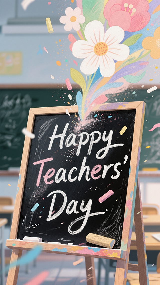 清新水彩插画风，大字“教师节快乐”点缀花束，营造温馨节日氛围。