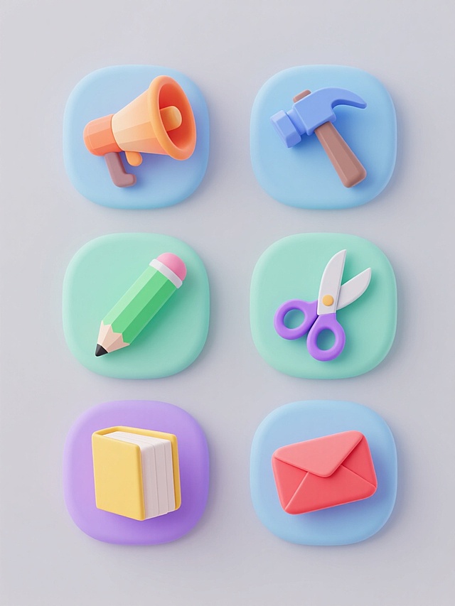 一组六个同风格系列素材集合，每个素材均为单个简约圆润3D卡通风格图标，保持统一的低多边形设计感、平滑曲面、柔和高光与阴影处理，元素类目为日常用品/工具类，分别为：1.橙色渐变喇叭、2.蓝色渐变锤子、3.绿色渐变铅笔、4.紫色渐变剪刀、5.黄色渐变书本、6.红色渐变信封，每个图标置于不同单一纯色背景上（浅灰、浅蓝、浅绿、浅紫、浅黄、浅粉），整体画面色彩协调且各元素间有明显区分，所有图标大小一致、视角统一（略向右上方倾斜），呈2行3列规整网格排布，保持简洁明快的视觉风格与高效的信息传达感