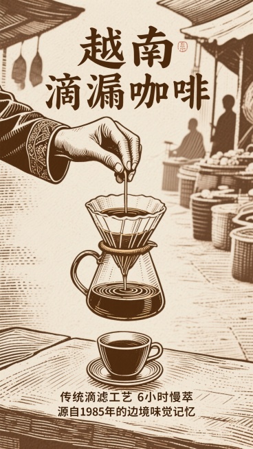 复古铜版画风格，竖版构图，越南滴漏咖啡宣传海报。聚焦手部调整滴漏壶动态瞬间，手部线条柔和，传统服饰袖口，滴漏壶下方咖啡液在杯中晕开涟漪，放射状线条表现。背景模糊边境市集剪影，棕褐色调，细腻线条肌理，古预览效果