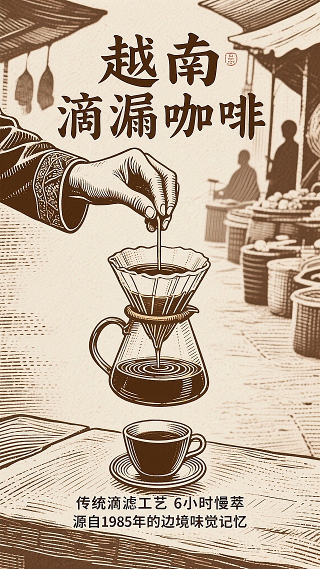 复古版画风插画，大字突出“越南滴漏咖啡”，传统工艺与怀旧市场背景相融。