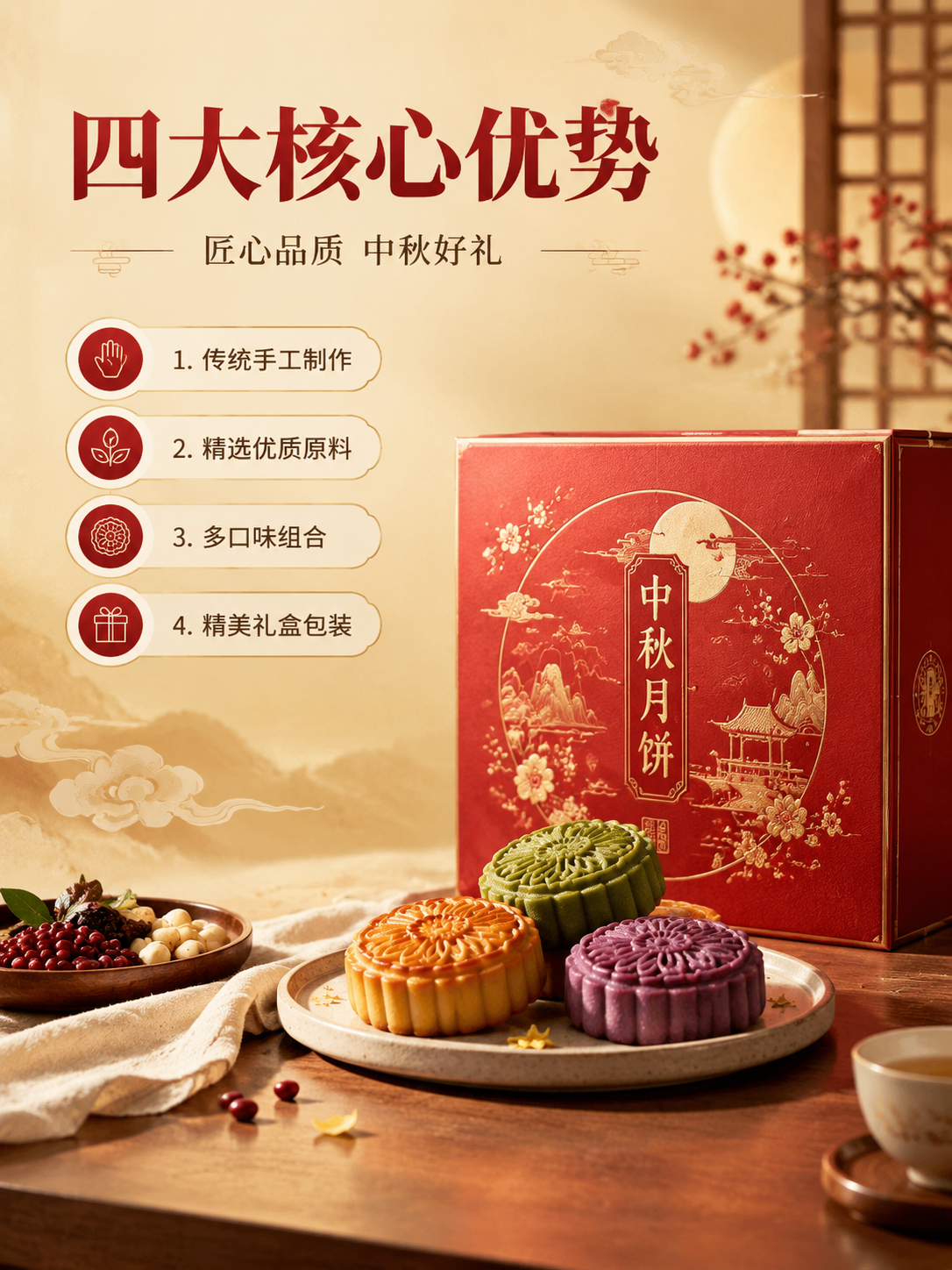 [商品] 中秋月饼礼盒，含多口味月饼，朱红烫金中式礼盒包装，月… - 图片创意预览