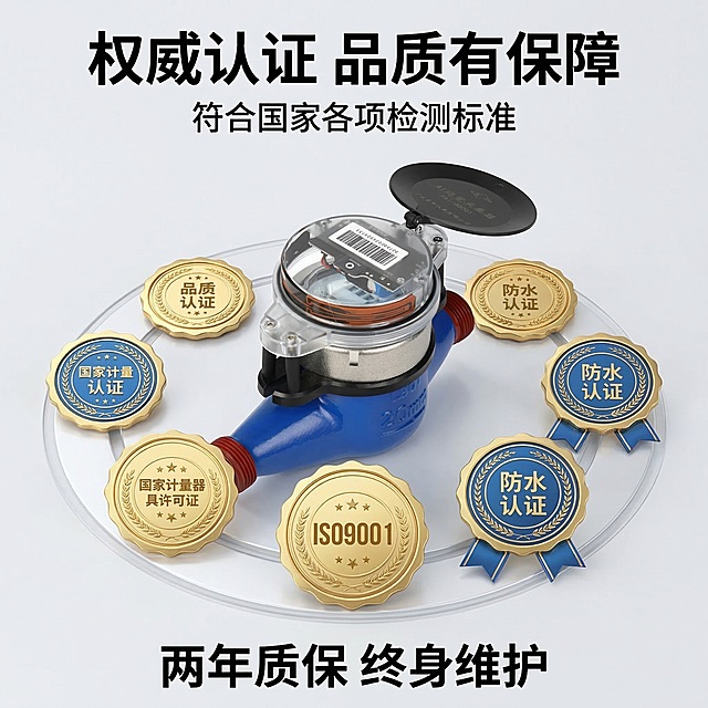 [垫图] 
[主图主题]智能水表资质认证展示
[氛围/风格]专业可信风格
[画面元素]水表居中，周围环绕排列资质认证徽章：ISO9001、国家计量器具许可证、防水认证等，背景为浅灰色，光影突出徽章质感
[配色色系]主色调：浅灰、产品蓝色；辅助色：金色徽章、白色文字
[视角构图]平视，产品居中，徽章环绕
[文字版式]主标题“权威认证 品质有保障”，副标题“符合国家各项检测标准”，底部标注“两年质保 终身维护”，字体为无衬线黑体，白色