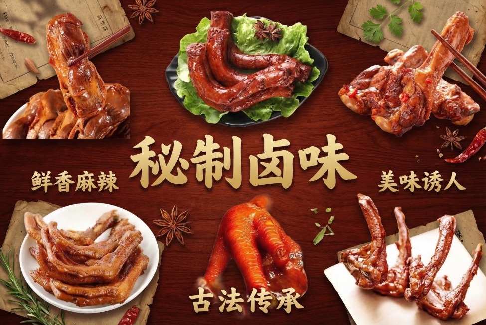 将7张抠好的卤味鸭货产品图拼接成一张120*80厘米的商业宣传海报，深色红棕色复古背景，布局错落有致展示卤鸭肫、鸭脖、鸭翅根、鸭腿、鸭掌、鸡爪、鸭锁骨等产品，保留所有图片中的文字卖点，整体风格诱人食欲预览效果