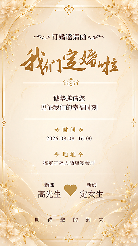 订婚邀请函结婚请帖金色高级奢华花纹手机海报