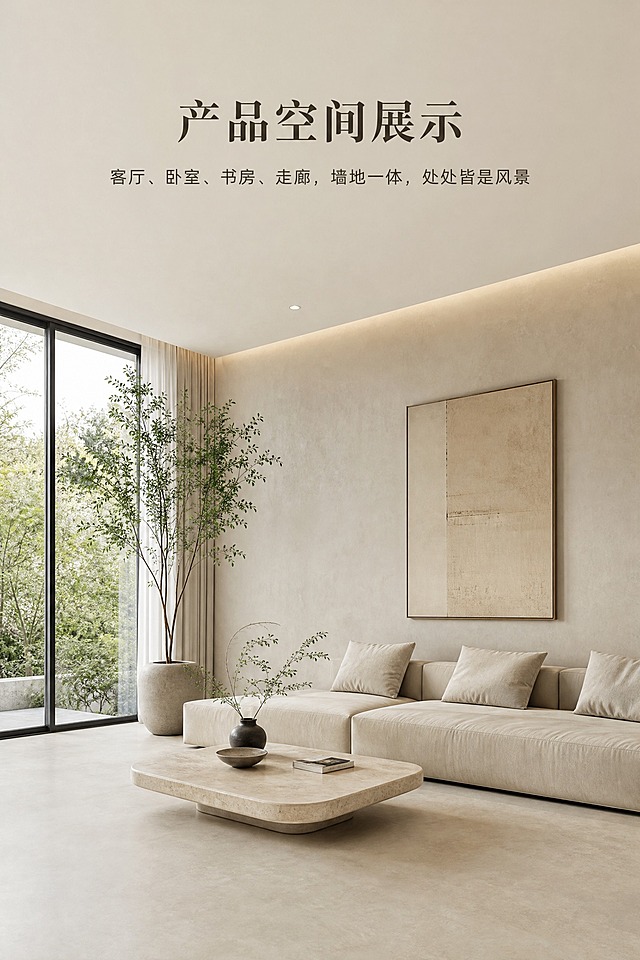 第3屏：产品空间展示
画面内容：竖向全景，客厅空间，微水泥墙面与地板通刷，搭配素色布艺沙发、落地窗、绿植。光线柔和，色调统一。文字叠加在画面上方或下方留白区。真实可落地的空间效果。
排版文案：标题"产品空间展示"，正文"客厅、卧室、书房、走廊，墙地一体，处处皆是风景"