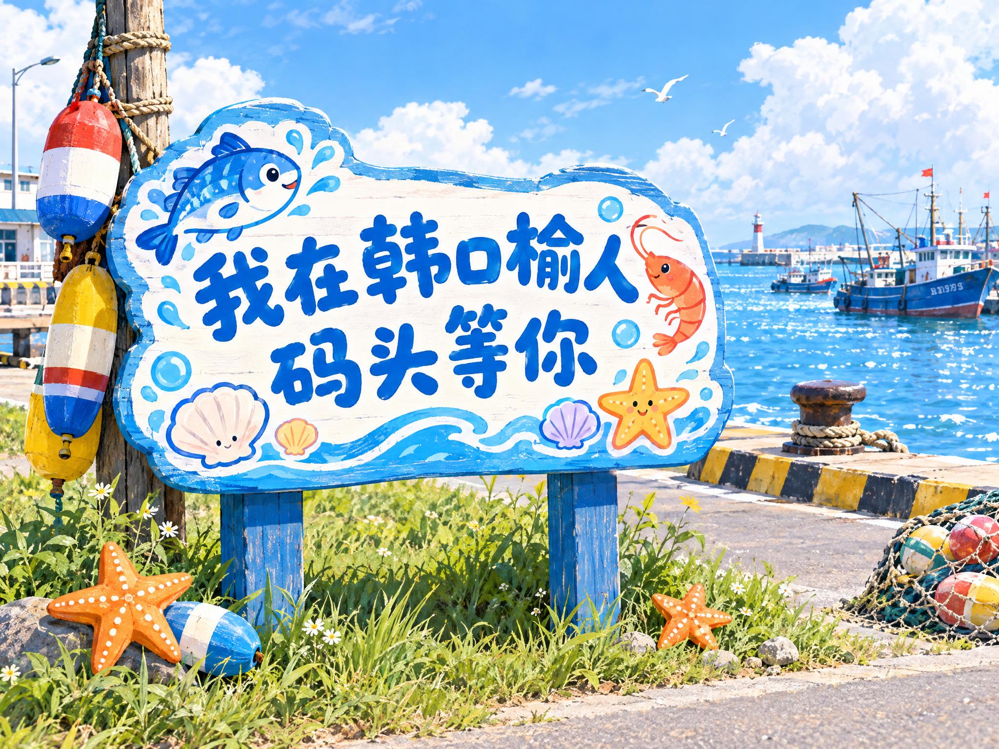 设计一款手绘插画风格码头指引牌，立在码头路边草地上，内容文字为… - 图片创意预览