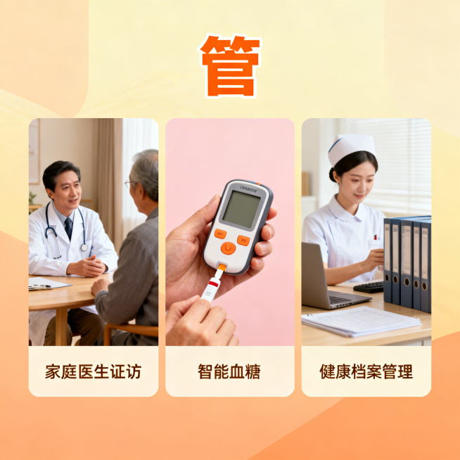 糖尿病全周期管理主题科普图，画面展示家庭医生随访、智能血糖监测、健康档案管理，配大字标题“管”，温馨专业的社区医疗风格，暖色调为主预览效果
