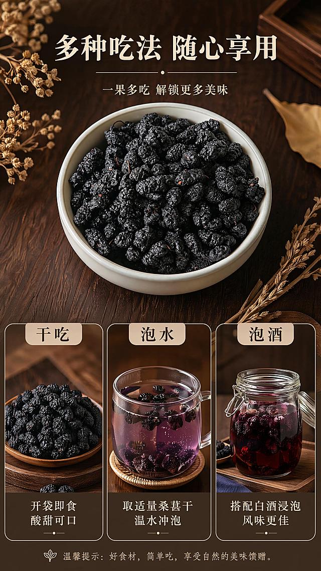 「图片1」「图片1」「图片1」「图片1」「图片1」「图片1」，生成一套详情页，商品名称为桑葚干，适配淘宝/天猫平台，单图比例为9:16，需求屏数为6张。产品卖点：1. 深山露天高原桑葚，无大棚，山泉灌溉生长
2. 昼夜温差大，花青素含量高，果肉乌黑饱满
3. 天然晾晒不熏硫，直接干吃、泡水、泡酒都合适。产地：大凉山盐源