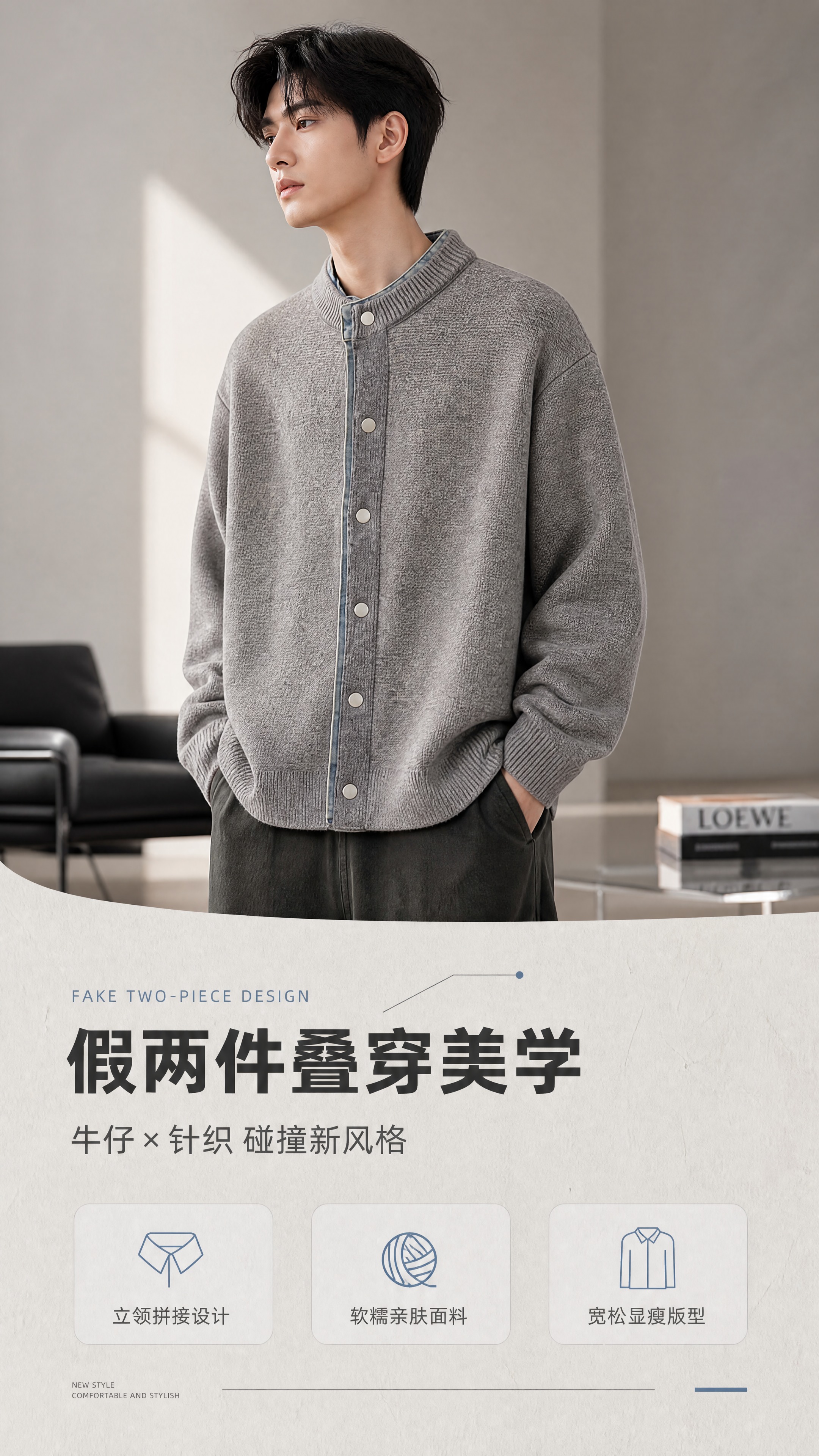 [商品] 使用【图1】灰色假两件牛仔拼接立领针织开衫；商品处理… - 图片创意预览