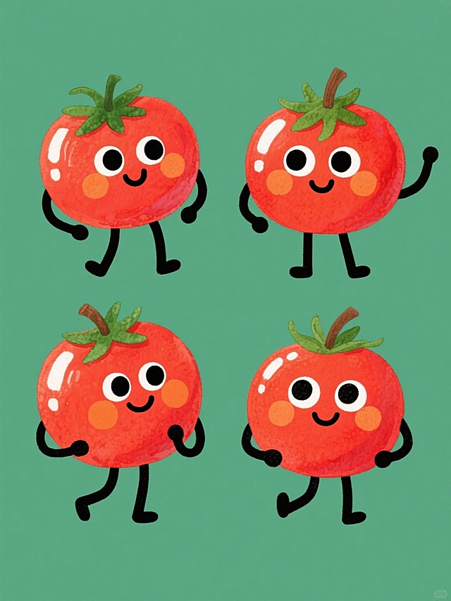 四个风格统一的卡通番茄角色，保持手绘水彩质感，红色身体带白色高光笔触，绿色叶子和棕色茎，黑色圆点眼睛配白色高光，橙色腮红和黑色微笑嘴巴，黑色细线条手臂和腿，纯色背景，规整排布，每个番茄造型略有不同（如表情、肢体动作或细节装饰的细微变化），无文字无logo无水印。