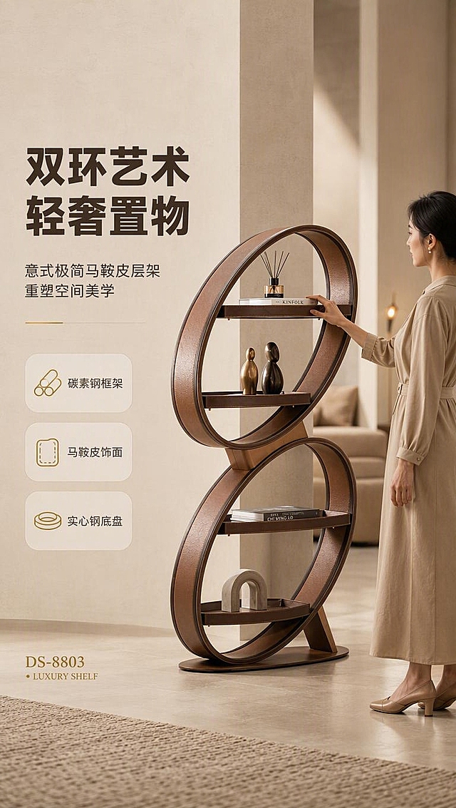 [商品] 使用【图1】DS-8803双环层架；保留双环8字形整体结构、四层置物隔板、古铜棕金属边框、马鞍皮质感饰面、实心碳素钢底座的造型比例和颜色；商品处理：增强金属边框光泽与马鞍皮纹理质感，底座阴影自然，不改变结构和颜色。
[画面] 目标：轻奢意式风格空间头图，建立高端艺术家居第一印象。左文右景构图，左侧约1/3竖列文案区，右侧为现代意式客厅角落lifestyle大场景，层架置于场景中，占画面约55%；前景有地毯边缘，中景层架上摆放艺术摆件与书籍，后景虚化沙发与落地灯；一位亚洲女性侧身走过层架，手部轻触上层隔板取物，人物自然动感，产品主体清晰。
[视觉] 套系策略：风格=轻奢意式极简商业摄影；标题字=现代无衬线粗体（思源黑体Heavy）；正文字=简洁无衬线体（思源黑体Regular）；主色=暖米白+浅咖棕；背景延展=基于暖米白做深浅层级、同色渐变和细腻微水泥/哑光墙面质感；强调色=古铜金，仅用于小面积图标、引线和标签；标题色=深炭棕；正文色=中暖灰；组件=圆角浅底信息卡、细线引线、金色序号圆点；光影=左前侧暖柔自然光，窗边漫射光，阴影柔和。
[文字] 左侧竖列：主标题「双环艺术 轻奢置物」（8字），副标题「意式极简马鞍皮层架 重塑空间美学」（14字），亮点条3条：「碳素钢框架」「马鞍皮饰面」「实心钢底盘」，各配金色小图标；左下有系列英文角标「DS-8803 · LUXURY SHELF」；文字不遮挡层架主体。
[规格] 图片比例9:16竖版，分辨率4K，quality=medium；避免变形、错字、文字过小、冷蓝/蓝灰背景、产品颜色改变、结构失真、极限词。