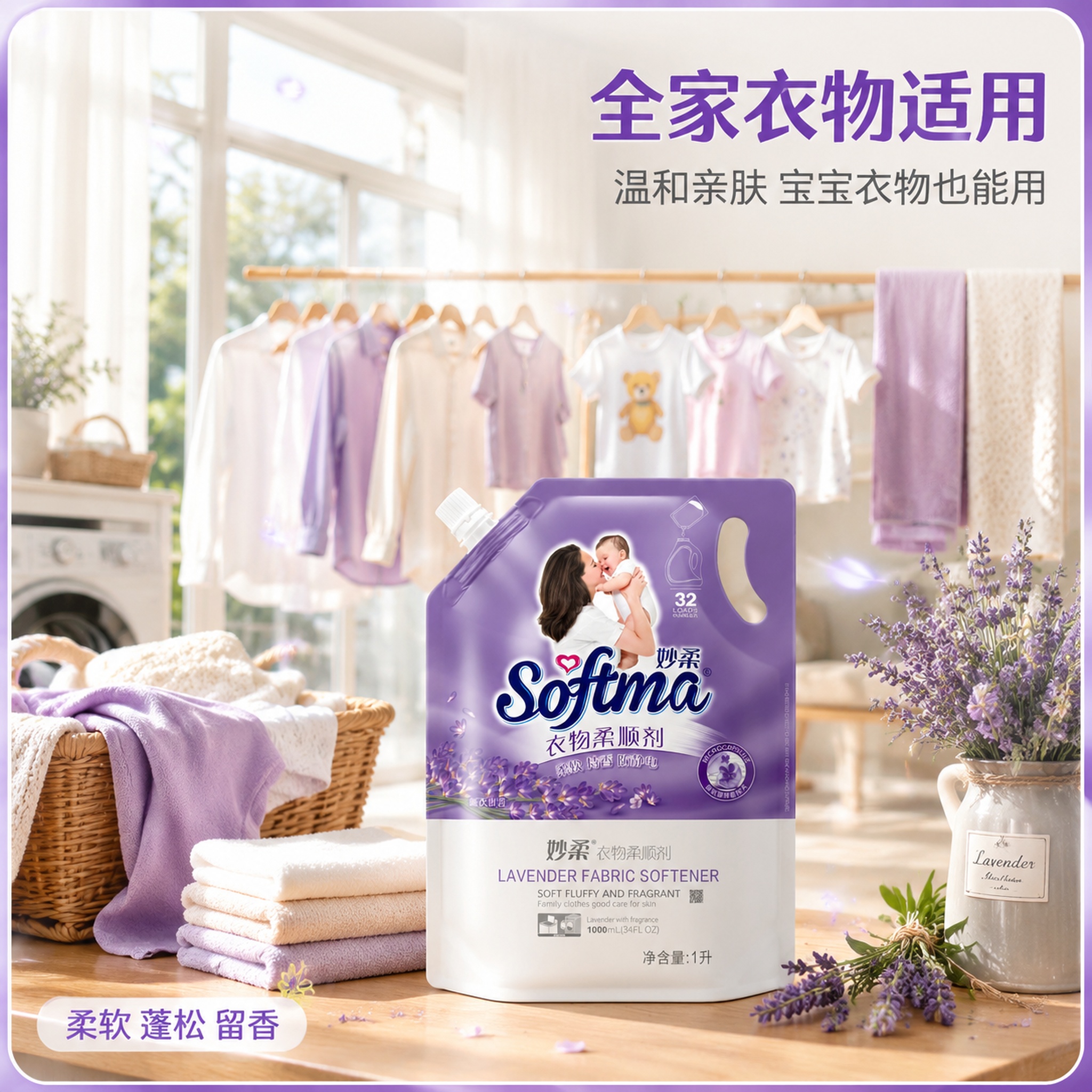 [主图-4] 妙柔衣物柔顺剂全家适用场景图，温馨家庭洗衣场景。… - 图片创意预览