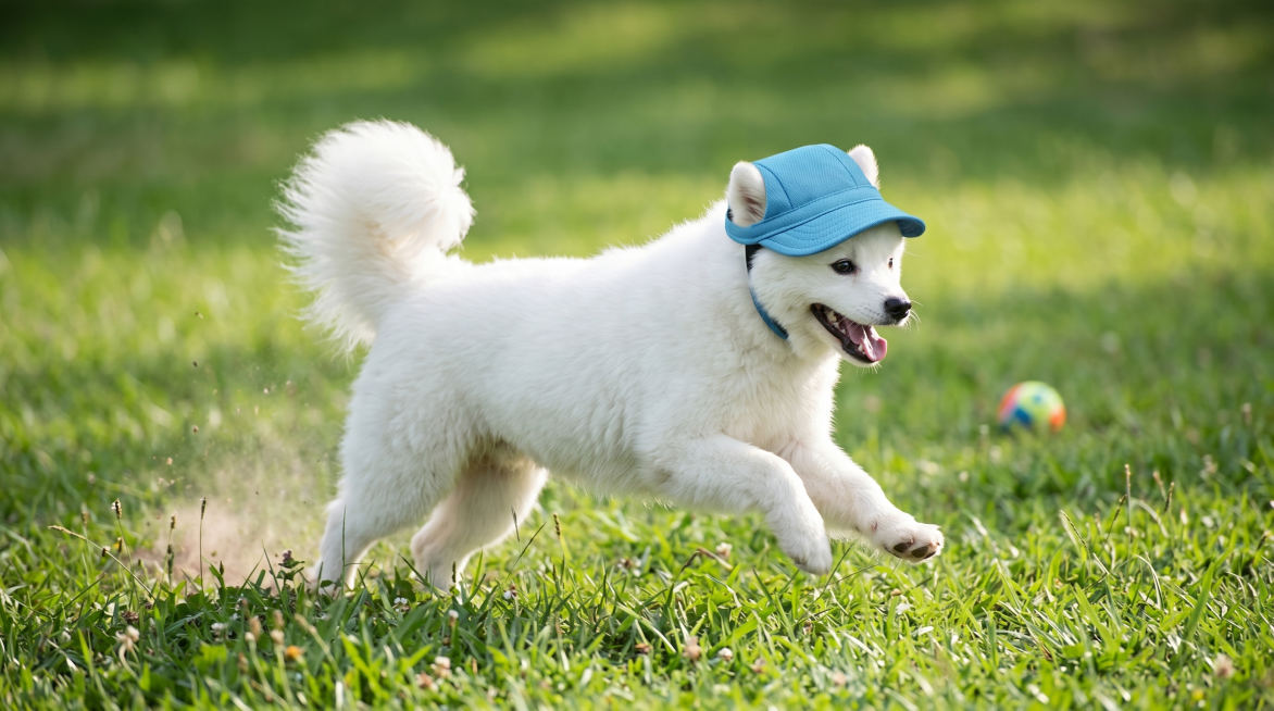 白色萨摩耶狗狗戴着蓝色宠物帽子，在绿色草地上开心奔跑玩耍，主体特征保持和参考图一致，超清，细节丰富，真实自然预览效果
