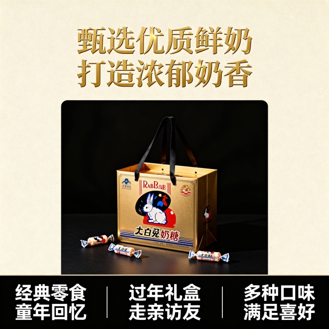 这张图片是产品主体这款产品是上海冠生园大白兔奶糖 我需要设计20张主图在拼多多上面售卖    主图场景布局可以用 等设计一个高级一些主图文案内容  甄选内蒙古黄金奶源带的优质鲜奶 奶香浓度比普通奶粉高预览效果