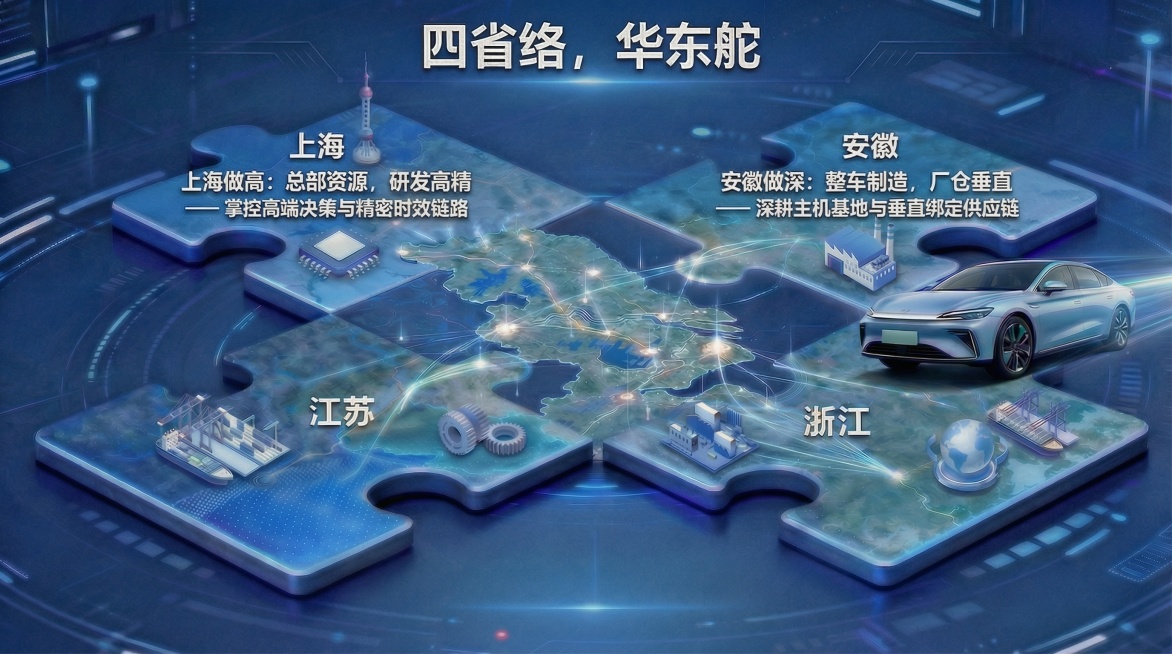 基于原图修改，统一所有字体的颜色，全部改为和顶部标题“四省络，华东舵”完全一致的纯白色，保证省份名称（上海、安徽、江苏、浙江）和定位文字颜色统一，字体样式也统一，保持所有原有内容和布局不变，深蓝色科技预览效果