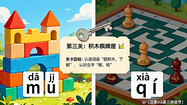 汉语拼音课程第11页，标题“第三关：积木棋牌屋 🔑”，关卡目标：认读词语“搭积木、下棋”，认识生字“棋、鸡”，拼读提示：dā jī mù（注意jī），xià qí（注意xià是三拼音节）。左右分栏布局，左边是积木城堡，积木上写着“dā jī mù”，右边是棋盘迷宫，棋子上写着“xià qí”，词语拼音加粗放大，第三把钥匙碎片放在页面中间，整体风格卡通活泼。