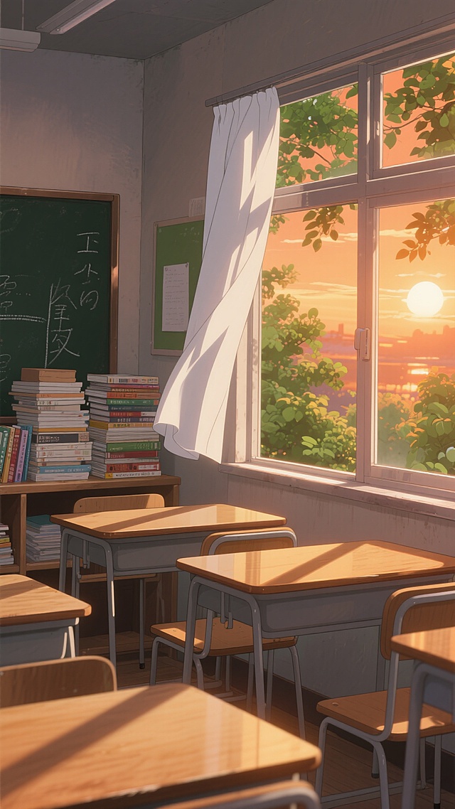日系动漫风格的教室场景，黄昏暖橙色光线透过窗户洒入，在木质课桌上形成长长的斜向光影，窗外是染上夕阳余晖的绿色树叶，大量堆叠的课本与练习册放在课桌和窗台上，白色窗帘被微风轻轻吹动，黑板上留有粉笔字迹，整体氛围温暖静谧，光影对比柔和，色调以暖橙、原木色与绿色为主，画面构图采用近景课桌与远景窗户的层次感布局，细节丰富的手绘质感，展现放学后教室的宁静与温馨。