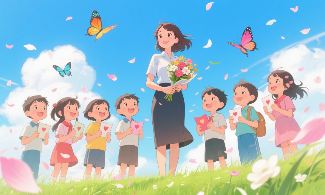 教师节主题动漫海报，画面中央是温柔的女老师站在绿色草地上，周围环绕着一群可爱的学生，他们面带微笑，向老师献上鲜花和贺卡，空中有粉色和白色的花瓣轻盈飞舞，几只彩色蝴蝶在师生周围翩翩起舞，背景是蓝天白云，预览效果