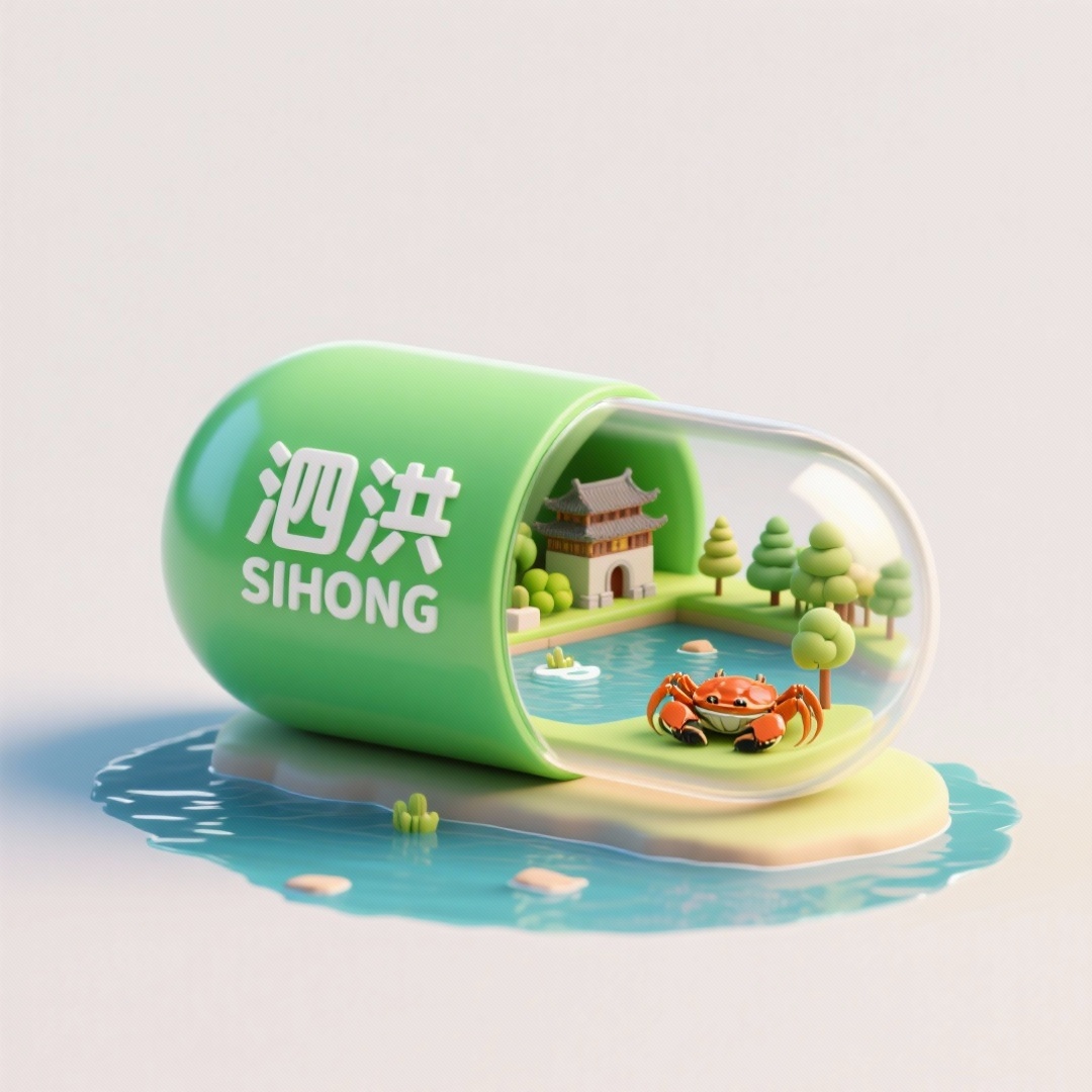 一个胶囊，胶囊左半部分为绿色（上面印着"泗洪 SIHONG"）… - 图片创意预览