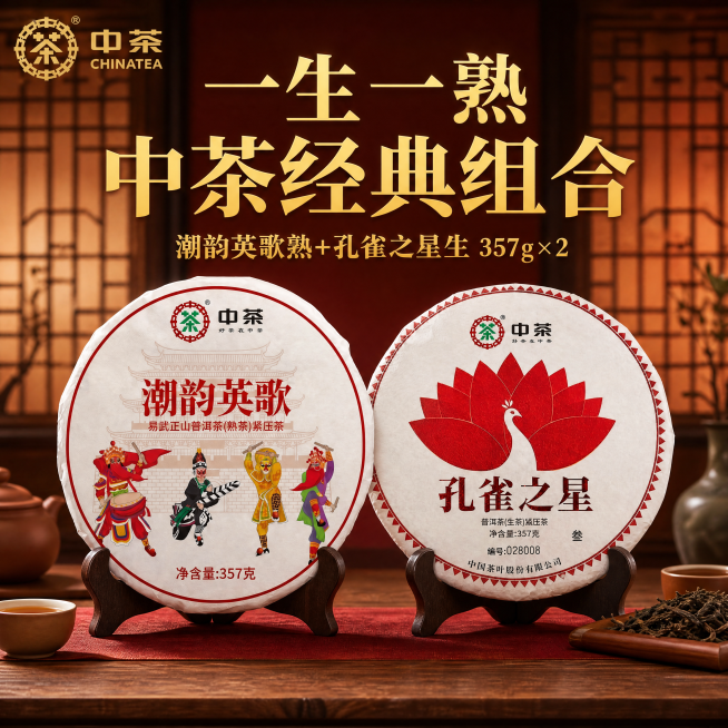 [主图-1] 一熟一生普洱组合首图，中茶经典 pair 组合展示。将潮韵英歌熟茶和孔雀之星生茶两款茶饼并排居中摆放，保持两款产品原包装外观、图案、颜色和文字完全一致，杜绝任何变形和色差。更换为红棕渐变预览效果