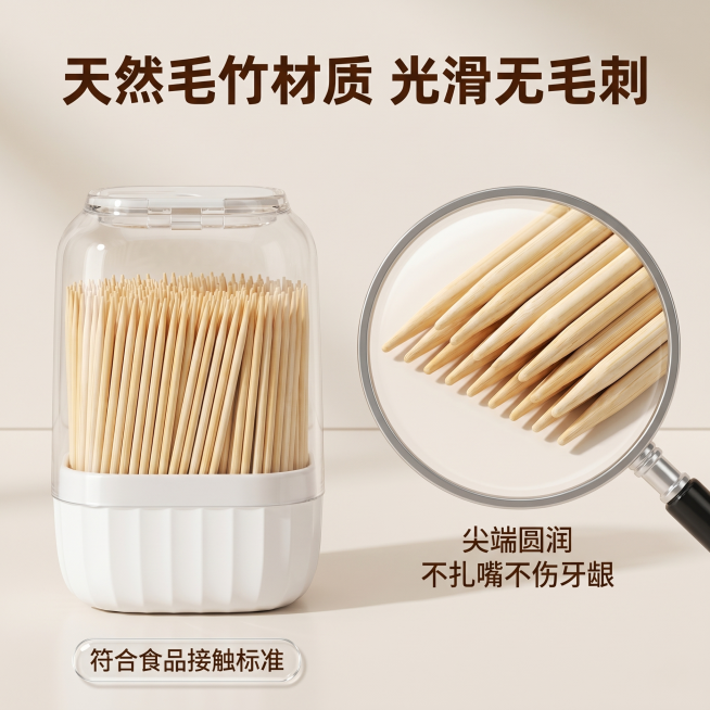 [主图 3] 材质细节安全展示图-突出天然毛竹光滑无卖点。
[氛围风格] 简约实用风，清晰真实品质感；
[画质] 商业摄影质感、光线柔和通透、产品清晰真实、画面干净高级。
[元素] 左侧是完整按压罐装预览效果