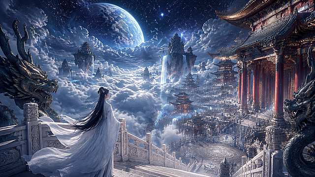 云海天宫秘境，宇宙云海之上的东方仙宫，史诗级中式仙侠美学场景，极繁主义细节，极致低角度空间压迫感，兼具恢弘仙气与空灵孤寂感，低角度纵深构图，以白玉天阶与云海古殿为引导线，强化从近景女子到远景宇宙的多层级空间延伸感，打造天宫望云海的史诗透视效果，画面近景的白玉天阶上，身着素白古装的女子凭栏而立，长发垂落，衣袂随风轻扬，目光望向云海深处，天阶两侧的白玉栏杆纹理细腻，巨型青铜龙首雕塑气势恢宏，尽显天宫的威严，画面右侧的巨型红柱古殿沿云海延伸，飞檐翘角，雕工繁复，层层叠叠的建筑鳞次栉比，广场上人影绰绰，尽显天宫盛景，云海间悬浮仙山瀑布飞流直下，水雾间映出彩虹，深邃的宇宙天际，巨型蓝地球悬于云海之上，轮廓清晰可见，云海翻涌，与星空连成一片，通过天阶的引导、建筑的延伸、光影的明暗对比，极致放大场景的宇宙级恢弘感与空灵氛围，古殿的飞檐斗拱、雕花梁枋、红柱质感，白玉天阶的纹理与雕刻，栏杆与青铜龙首雕塑的细节，细节可放大赏析，云海的蓬松流动效果、瀑布的水流与彩虹、古装女子的衣袂褶皱与发丝动态、巨型地球的光影与轮廓，微观层次饱满，近实远虚、冷调为主，近景天阶与人物在柔光下细节清晰，中景古殿泛着朦胧冷光，远景地球与云海泛着幽蓝光晕，通过明暗对比与虚实渐变强化宇宙仙侠感，整体光影层次丰富，氛围感拉满，建筑的木质与石材质感、白玉天阶的温润光泽、云海的朦胧流动感、衣料的轻盈飘逸感、青铜雕塑的厚重肌理，8K超写实渲染，极致细节质感，中式仙侠美学，宇宙史诗，极繁主义构图，秩序井然的元素堆叠，通过低角度空间压迫感与光影打造极致恢弘空灵感，UE5渲染，8K超清，电影级调色，景深效果，HDR，禁止西方建筑元素、现代科技、畸形结构、模糊纹理、杂乱色彩、过曝/死黑区域，禁止人物出现畸形肢体，禁止破坏空间纵深感的平面化构图