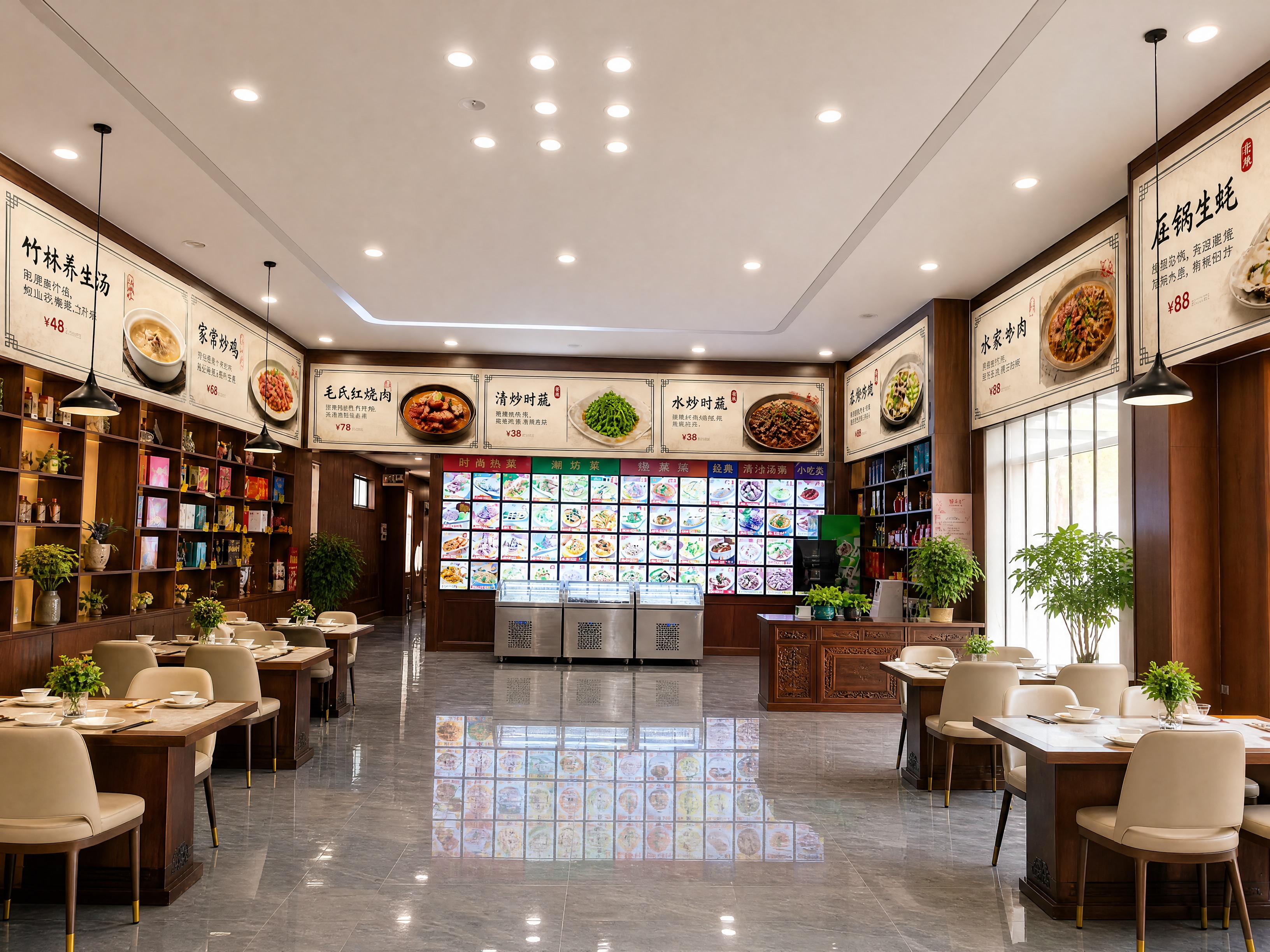 去掉场景中所有的人物，美化整体场景：保持新中式菜品文化墙设计不… - 图片创意预览