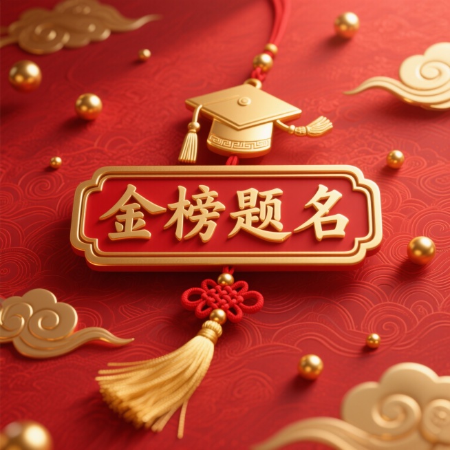 3D渲染风格的中国传统喜庆海报，以正红色为背景，表面有精致的金色祥云暗纹，中央是一个金色边框的红色长方形挂牌，牌上立体雕刻着金色“金榜题名”四个大字，字体为传统书法体，上方有一个金色的状元帽浮雕图案，挂牌下方垂着金色流苏穗子，穗子末端有红色中国结和金色圆珠装饰，背景中散落着金色圆形珠子和金色祥云装饰，整体光影柔和，高光处有细腻的金属光泽，营造出庄重喜庆、寓意学业成功的氛围，体现高考祝福的主题。预览效果