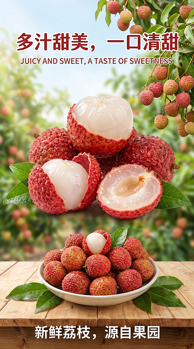 生成一张新鲜荔枝宣传海报，整体风格清新诱人，突出荔枝多汁甜美的特点，包含鲜果展示，构图美观适合宣传推广