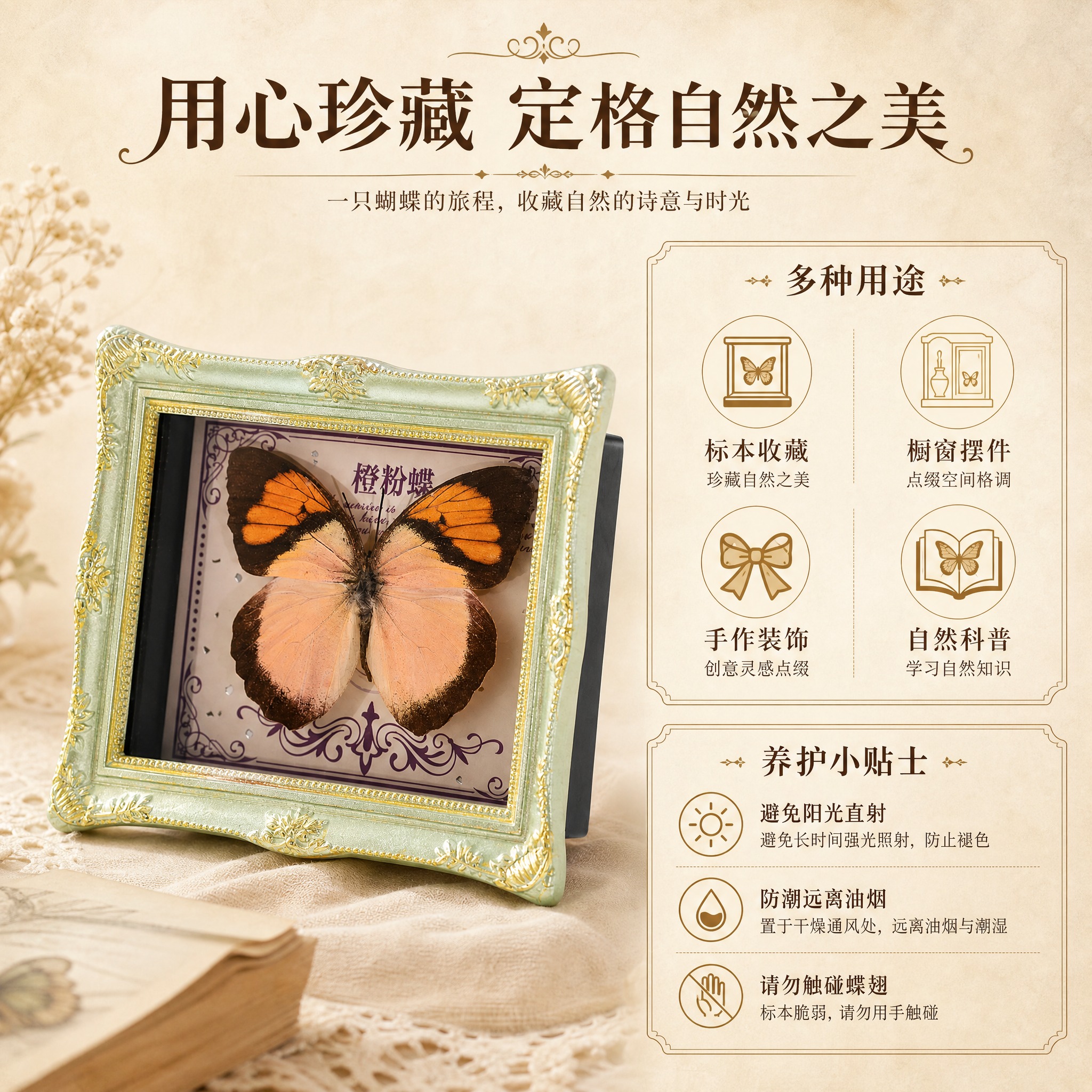 [主图-5] 蝴蝶标本养护提示与多用途说明图，提供实用信息促进… - 图片创意预览